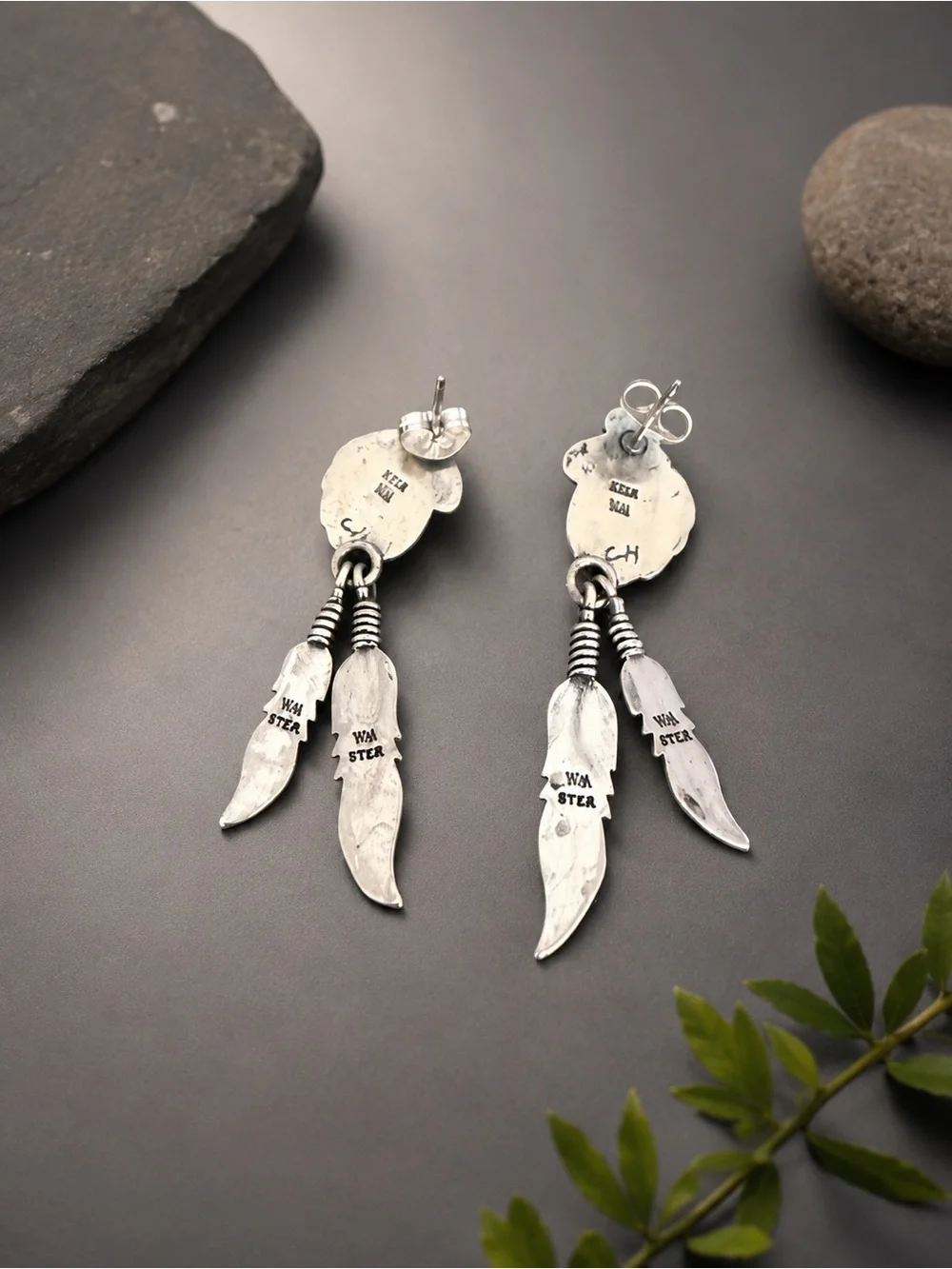 Native American Signed CH Sterling Silver Hematite Earrings Feather Design 925